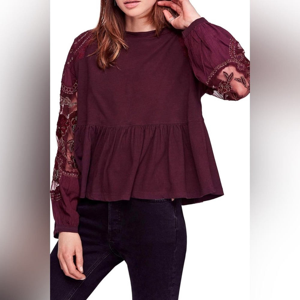 Free People Women's Red Penny Long Sleeves Pullover Top Size Medium